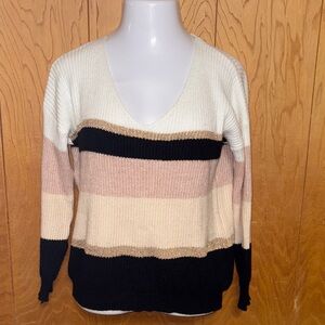 Elegant V-Neck Striped Sweater - Black, Cream, Tan